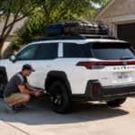 2026 Subaru Outback with luggage being inspected in Plano TX driveway before a DFW airport run