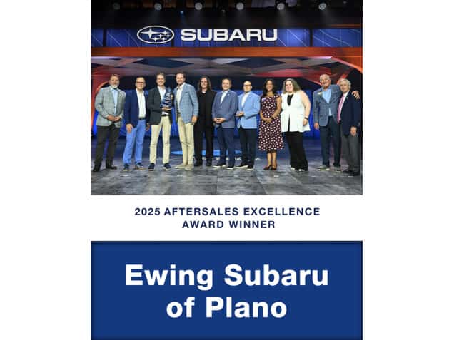 Ewing Subaru of Plano team receiving the 2025 Subaru Aftersales Excellence Award for #1 vehicle service quality and customer retention in America