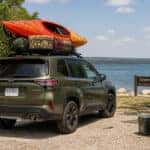 2026 Subaru Forester with kayak and camping gear at Lewisville Lake, Texas