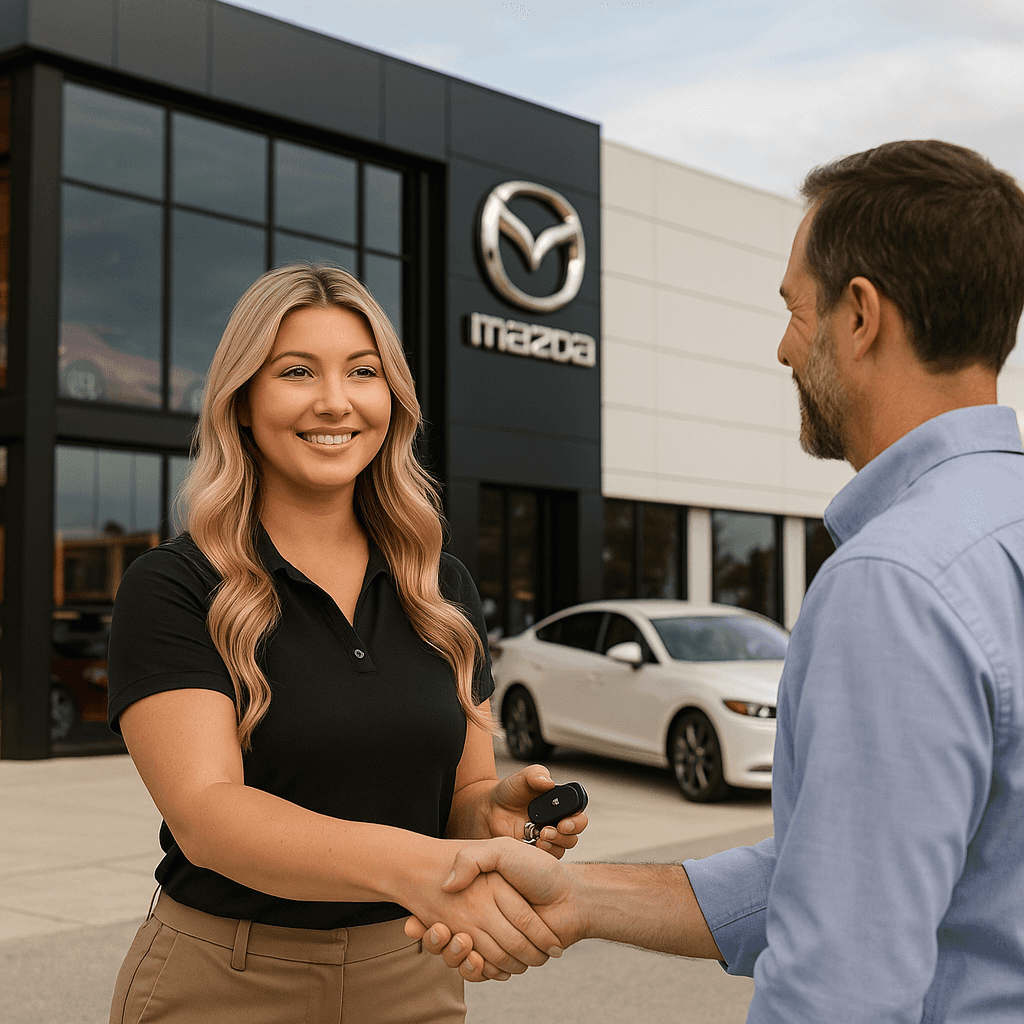 Sales Woman greeting Guest at dealership