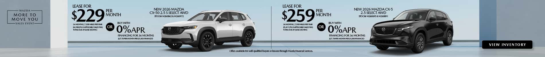 Lease and APR offers on New 2026 Mazda CX-50 and CX-5 models