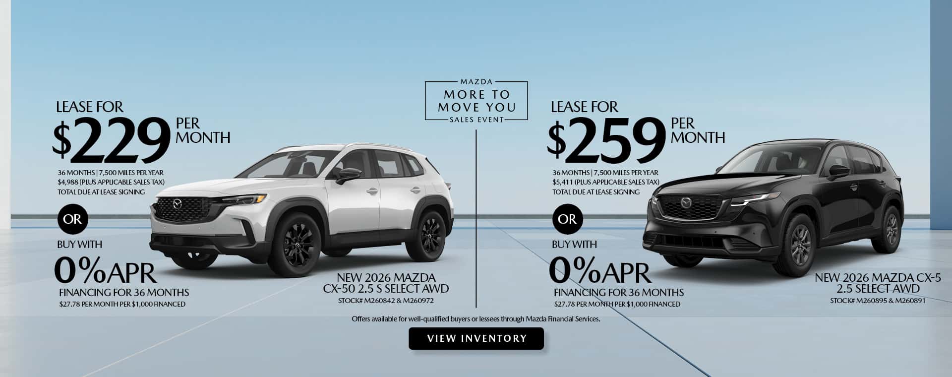 Lease and APR offers on New 2026 Mazda CX-50 and CX-5 models