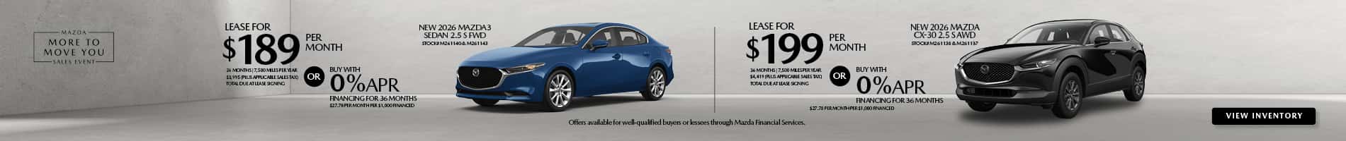 Lease and APR offers on New 2026 Mazda3 Sedan and CX-30 models