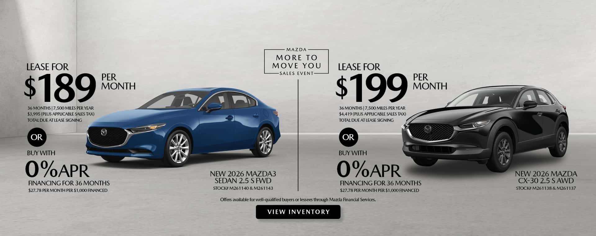 Lease and APR offers on New 2026 Mazda3 Sedan and CX-30 models