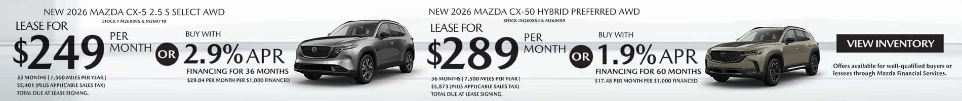 Lease and APR offers on New 2026 Mazda CX-5 and CX-50 Hybrid SUVs