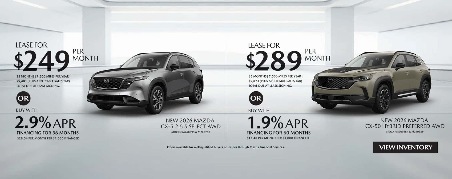 Lease and APR offers on New 2026 Mazda CX-5 and CX-50 Hybrid SUVs