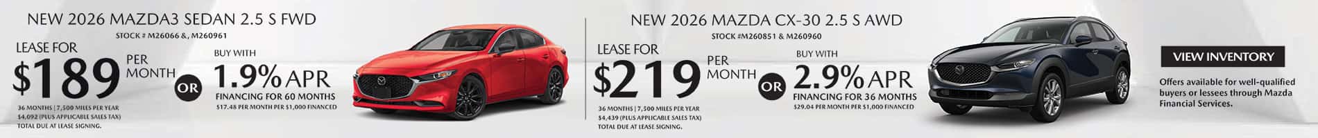 Lease and APR offers on New 2026 Mazda3 Sedan and CX-30 models