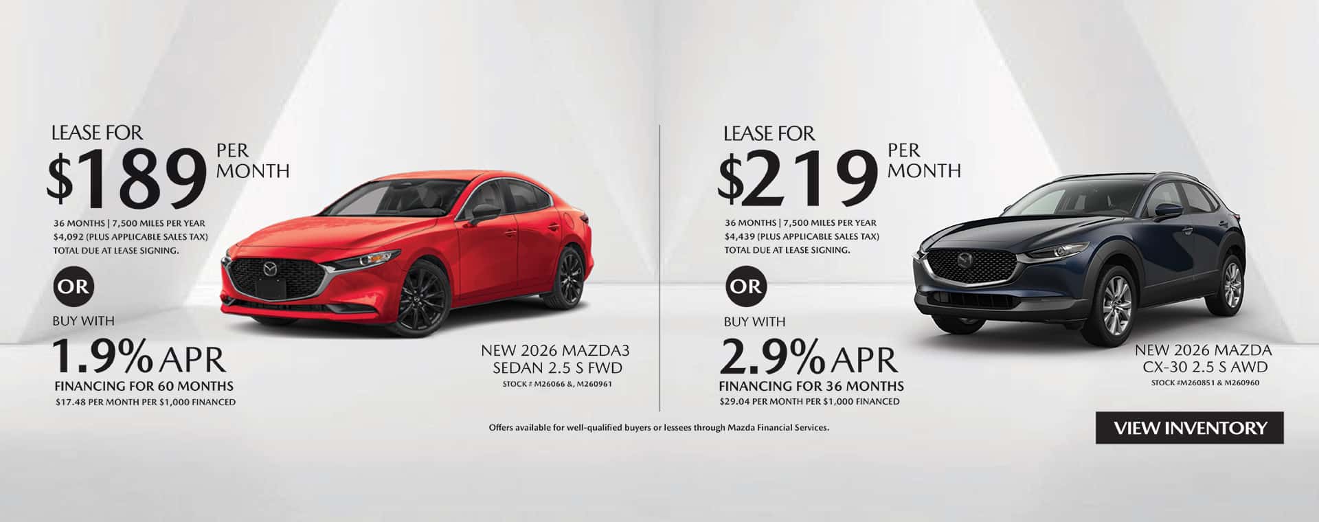 Lease and APR offers on New 2026 Mazda3 Sedan and CX-30 models