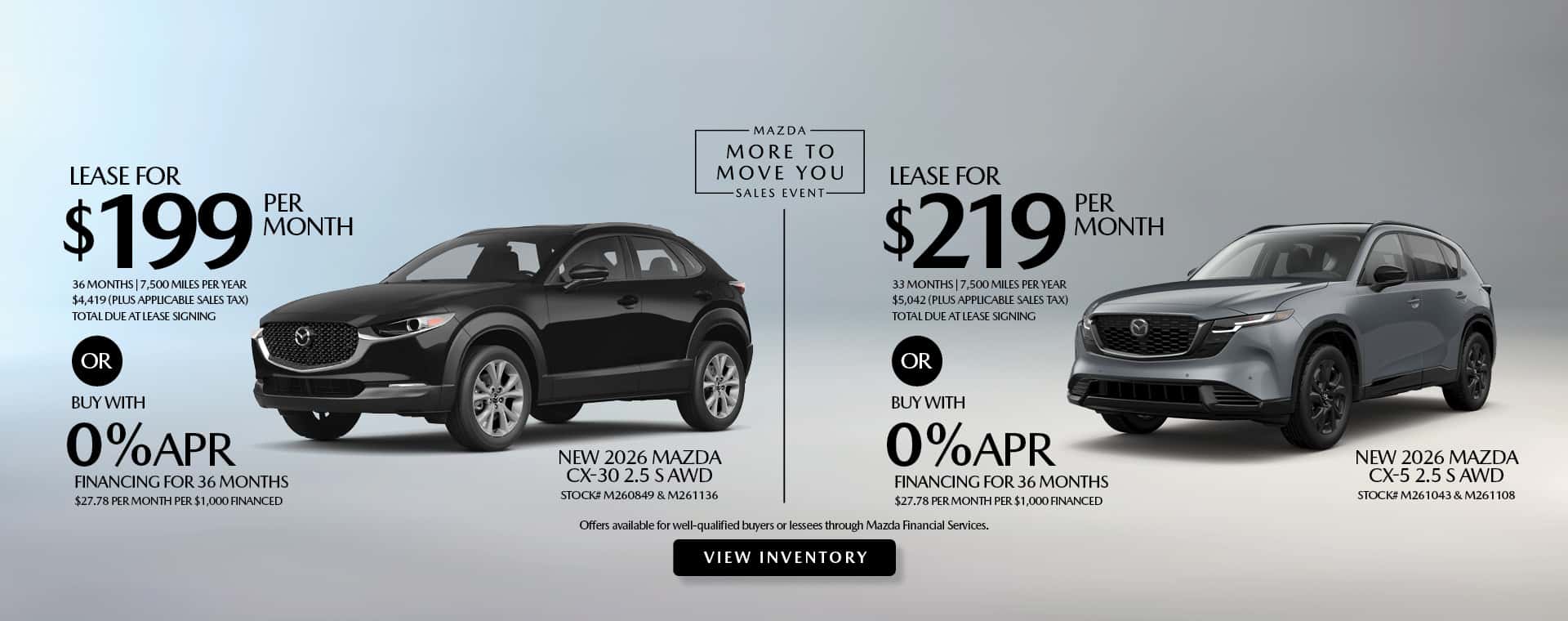 Lease and APR offers on New 2026 Mazda CX-30 and CX-5 models