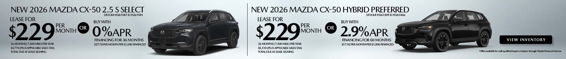 Lease and APR offers on New 2026 Mazda CX-50 Gas and Hybrid models