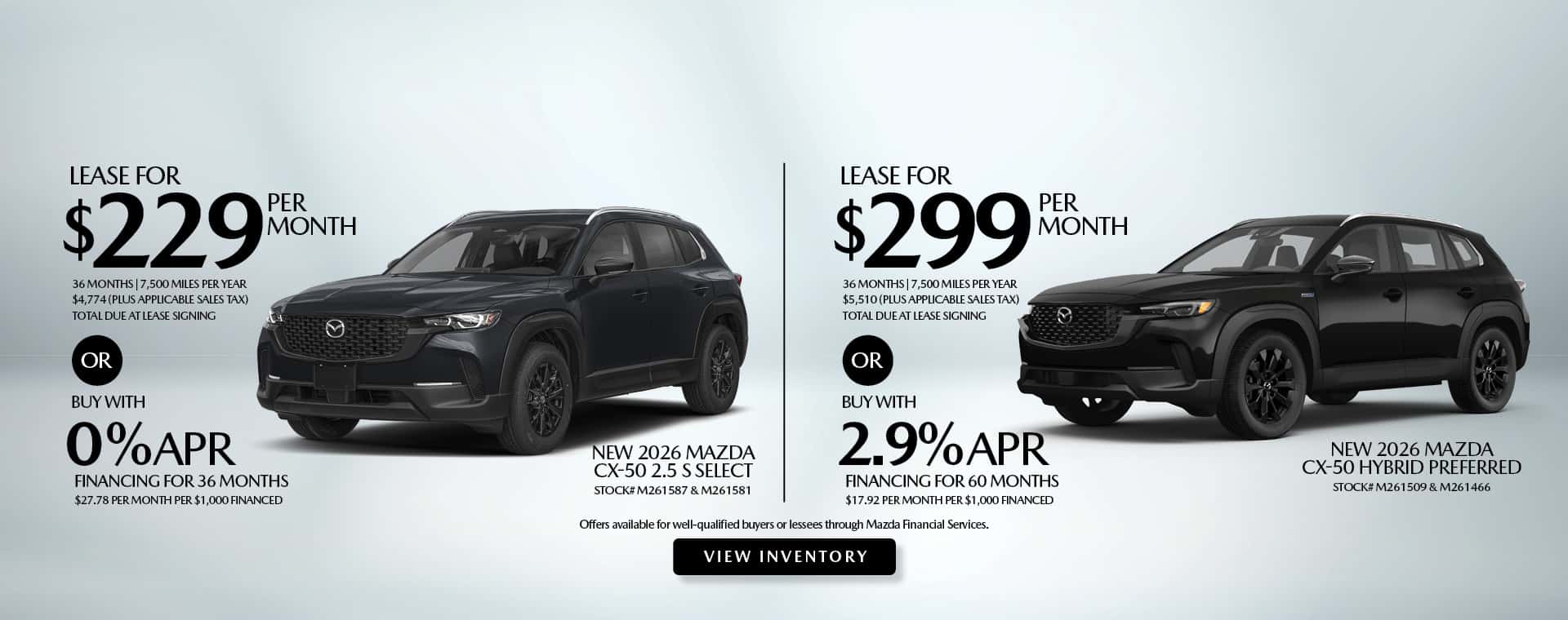 Lease and APR offers on New 2026 Mazda CX-50 Gas and Hybrid models