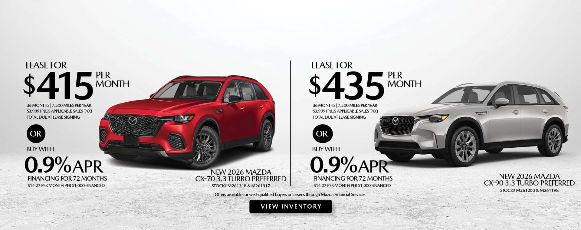 Lease and APR offers on New 2026 Mazda CX-70 and CX-90 models