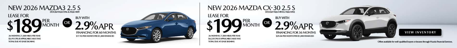 Lease and APR offers on New 2026 Mazda3 Sedan and CX-30 models