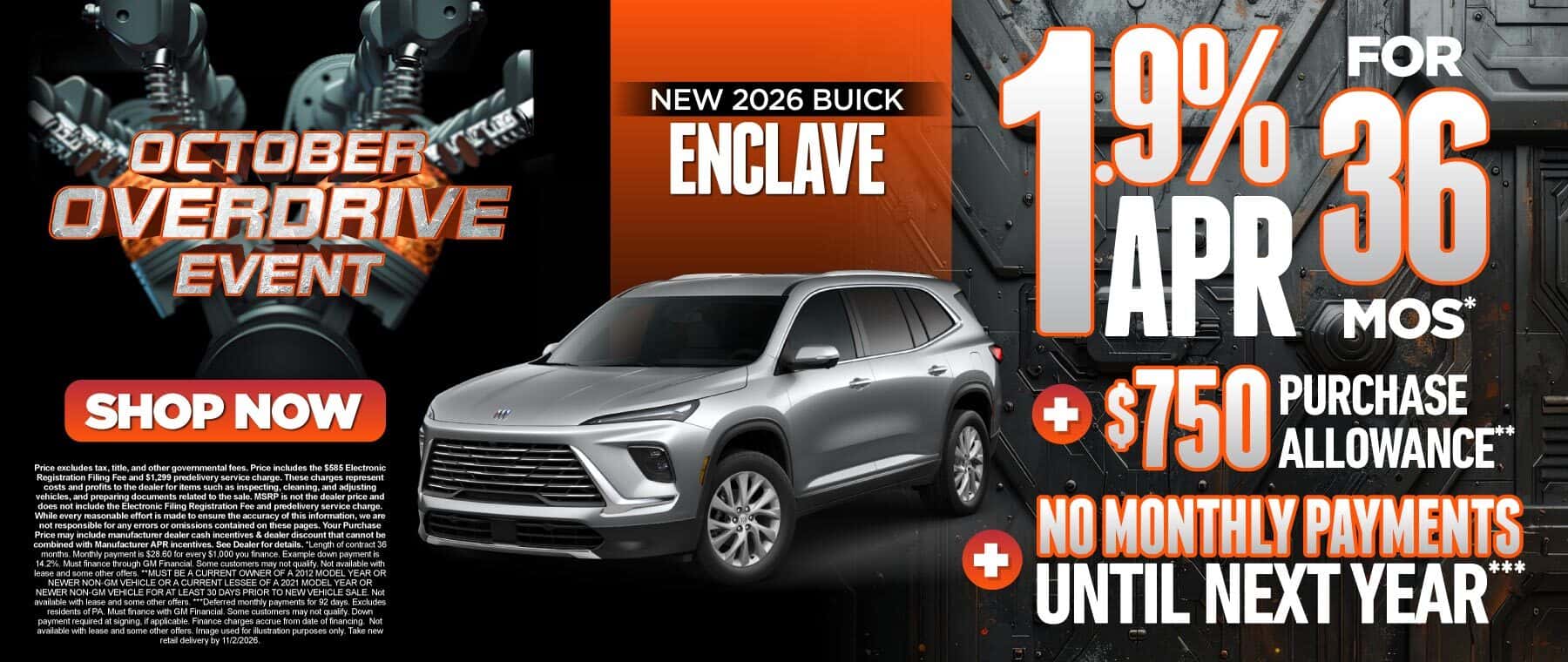 New 2026 Buick Enclave - 1.9% APR for 36 months* PLUS $750 Purchase Allowance** PLUS No Monthly Payments Until Next Year***