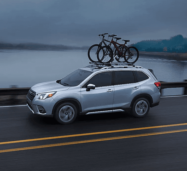 Forester driving on a road with overcast along a deep body of water