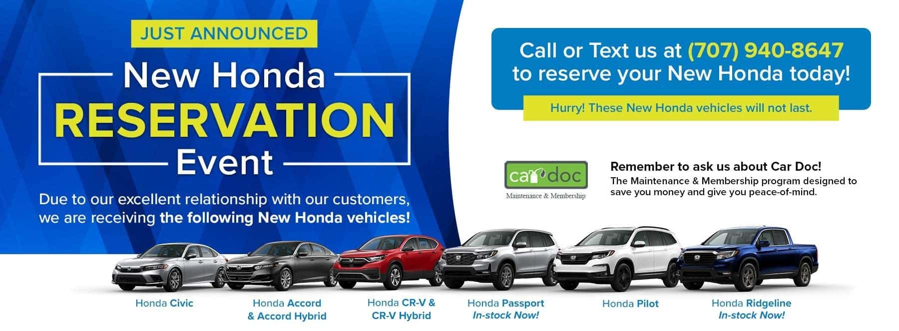 New Honda Vehicles Available For Reservation