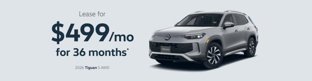 Lease a 2026 Volkswagen Tiguan S AWD for $299/mo.