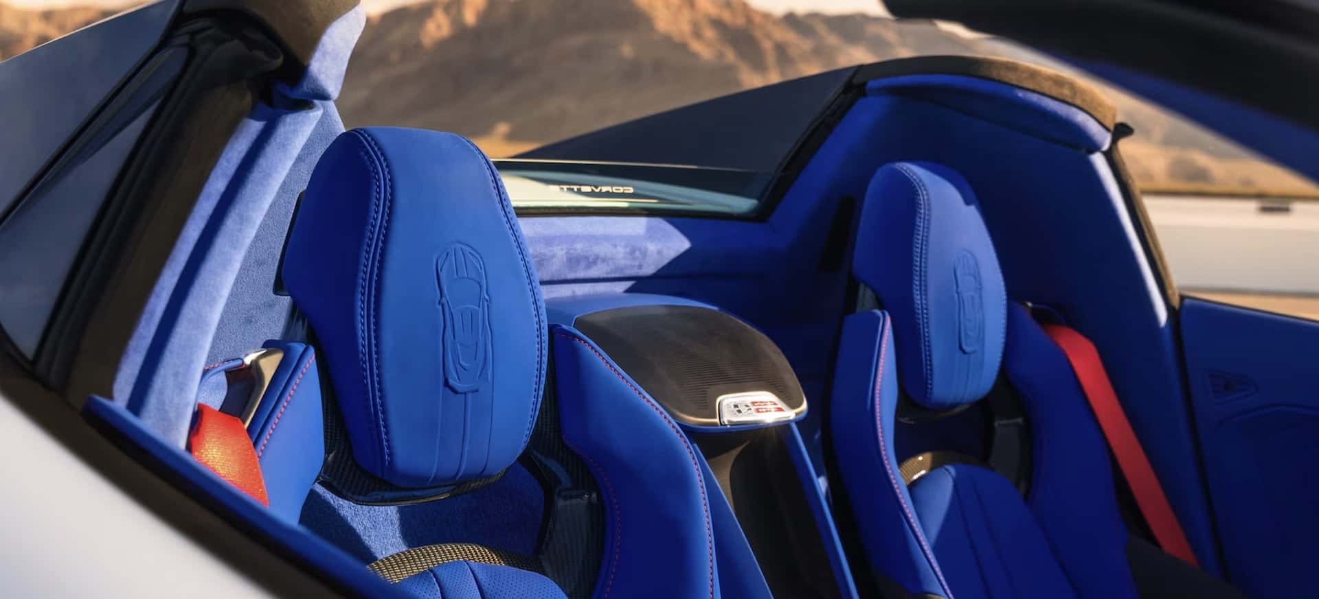2027 Corvette Grand Sport blue seating with embossed headrests
