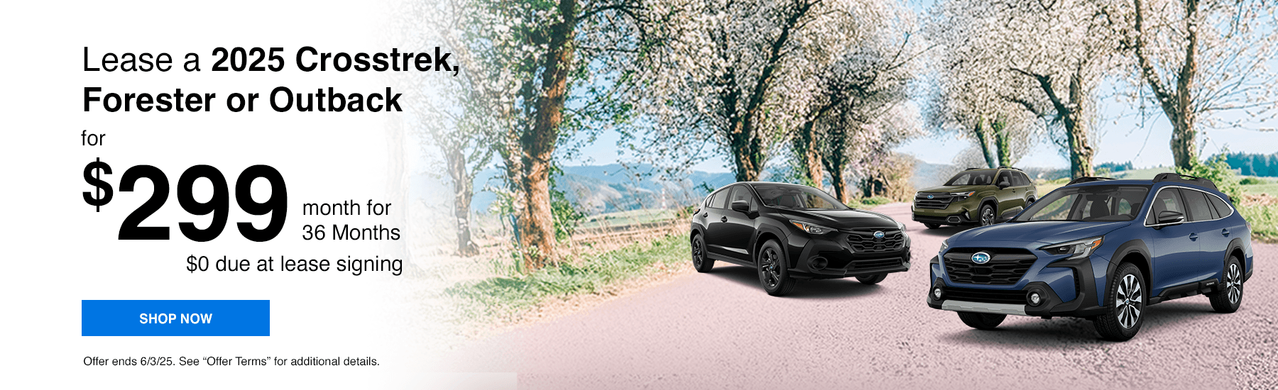 Headline Take Your Pick: Subtext Lease a 2025 Crosstrek, Forester or Outback for $299/month for 36 Months | $0 due at lease signing