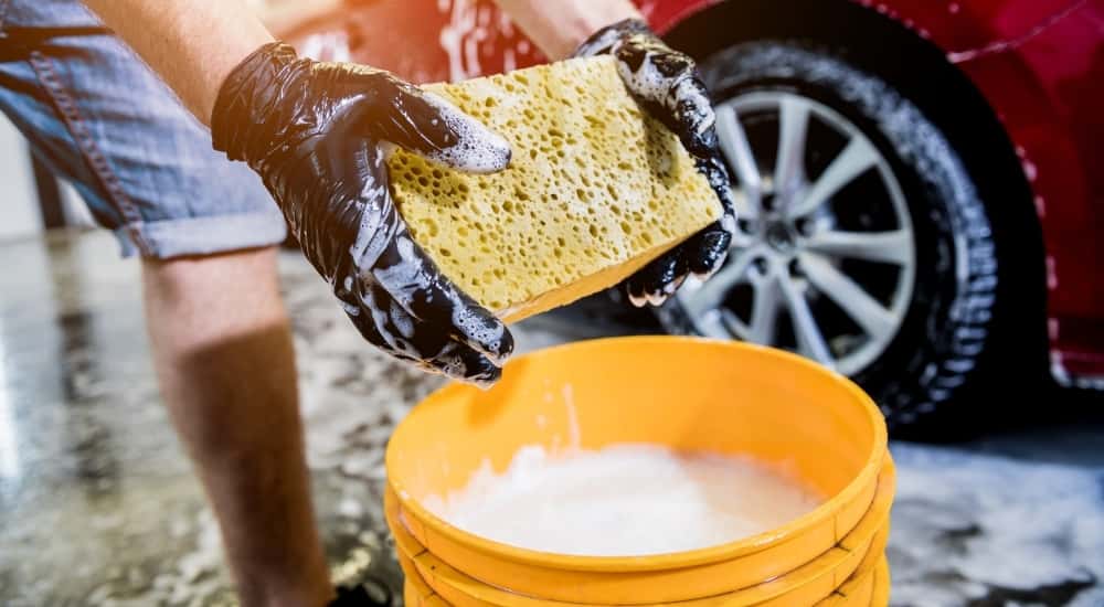 A person washing a car