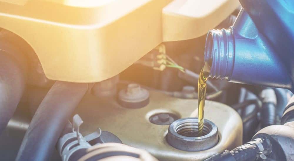 Oil being poured into and engine