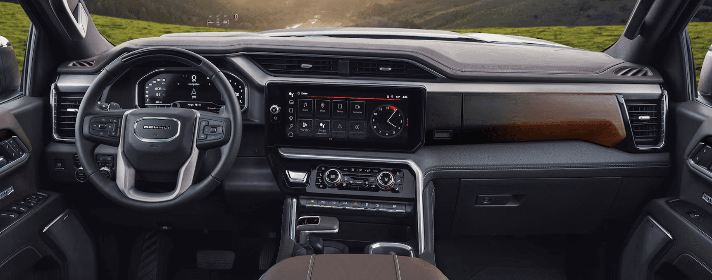 Black and brown interior of a 2026 GMC Sierra 1500 Denali