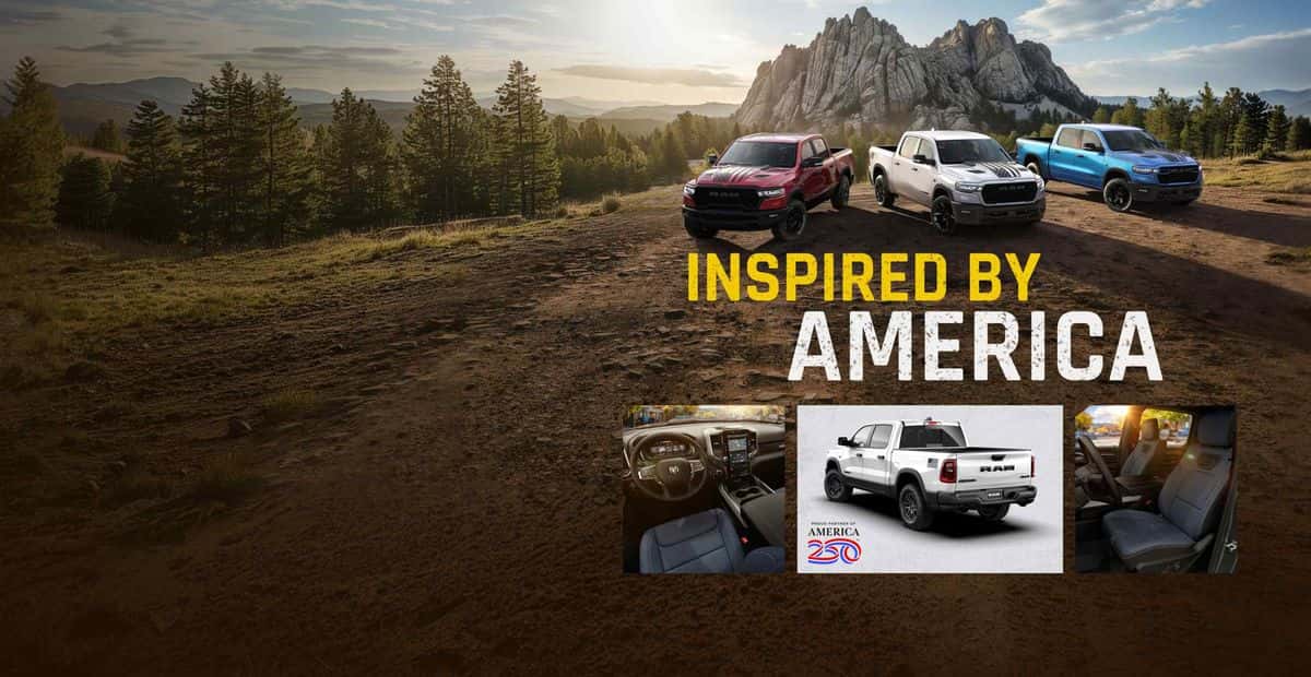 Three 2026 Ram 1500 America 250th Anniversary Edition trucks in red, white and blue on a dirt trail