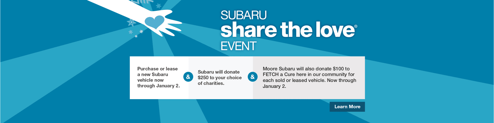 a. Hand holding blue heart. Subaru Share the Love Event. Learn More button.