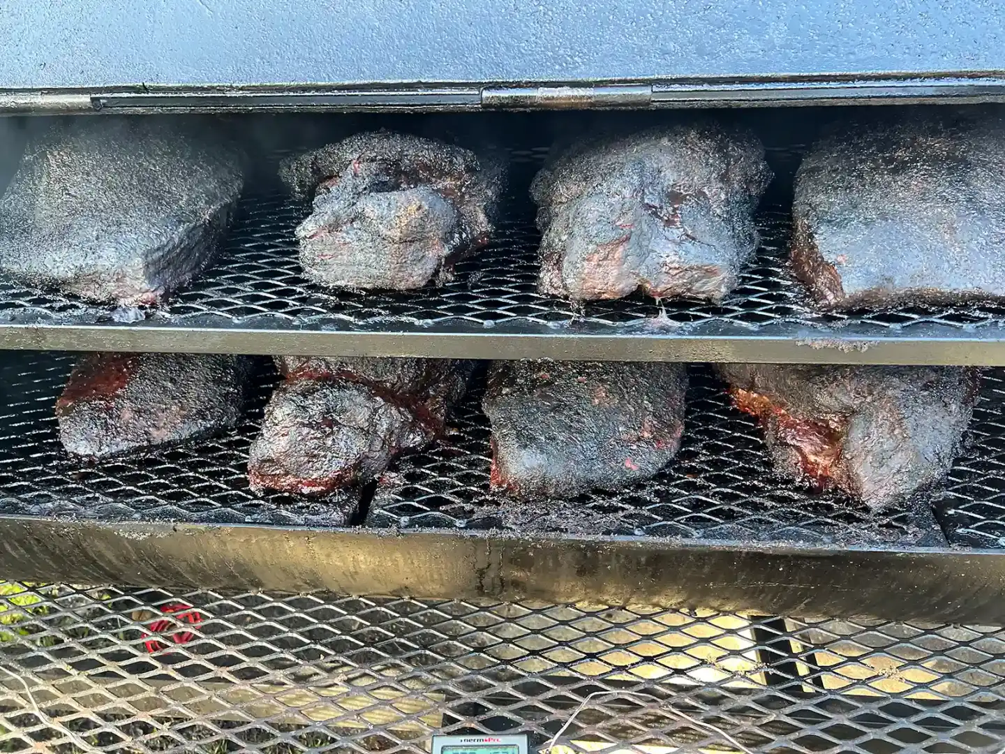 Brisket smoking during BBQ competition