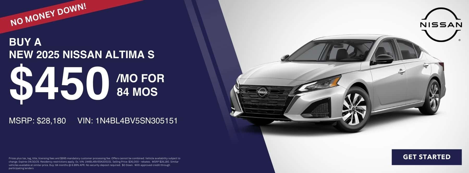 Buy a New 2025 Nissan Altima S for $450 per month with *No money down at Step One Nissan Andalusia in Andalusia, AL. Select the image to view matching inventory.