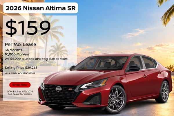 2026 Nissan Altima SR lease offer at Nissan of Doral: $159 per month for 36 months, 10,000 miles per year, $5,999 plus tax and tag due at start, selling price $29,265