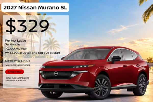 2027 Nissan Murano SL lease offer at Nissan of Doral: $329 per month for 36 months, 10,000 miles per year, $5,999 plus tax and tag due at start, selling price $44,172