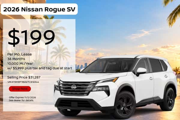 2026 Nissan Rogue SV lease offer at Nissan of Doral: $199 per month for 36 months, 10,000 miles per year, $5,999 plus tax and tag due at start, selling price $31,287