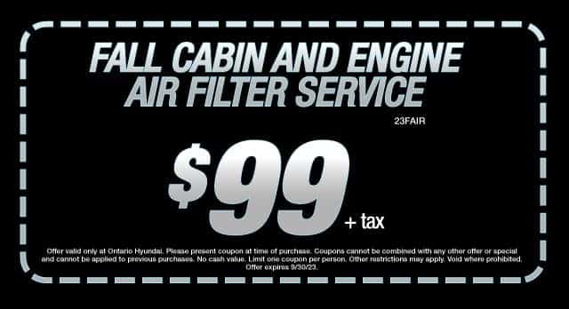 Get your fall cabin and engine air filter service for $99 plus tax. Offer expires 9/30/2022.