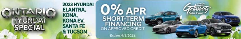 Get 0% APR short-term financing on approved credit on a new 2023 Hyundai Elantra, Kona, Kona EV, Santa Fe, or Tucson. Offer expires 4/3/2023.