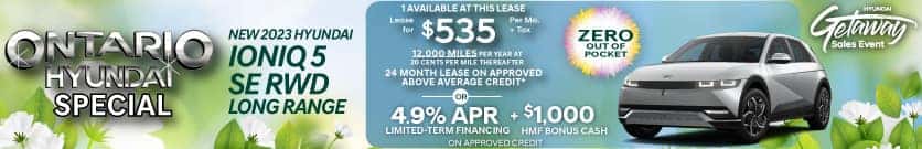 Lease a new 2023 Hyundai IONIQ 5 SE RWD Long Range for $535/month plus tax for 36 months on approved above average credit or get 4.9% APR limited-term financing plus $1,000 HMF Bonus Cash on approved credit. Offer expires 4/3/2023.