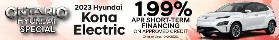 Get 1.99% APR short-term financing on a new 2023 Hyundai Kona Electric on approved credit. Offer expires 10/2/2023.