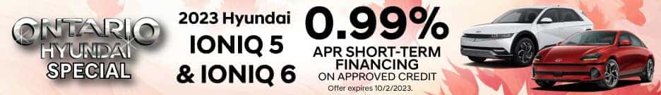 Get 0.99% APR short-term financing on a new 2023 Hyundai IONIQ 5 or IONIQ 6 on approved credit. Offer expires 10/2/2023.