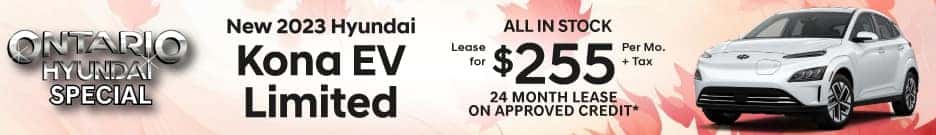 Lease a new 2023 Hyundai Kona EV Limited for $255/month plus tax for 24 months on approved credit. Offer expires 10/2/2023.