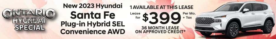 Lease a new 2023 Hyundai Santa Fe Plug-in Hybrid SEL Convenience AWD for $399/month plus tax for 36 months on approved credit. Offer expires 10/2/2023.
