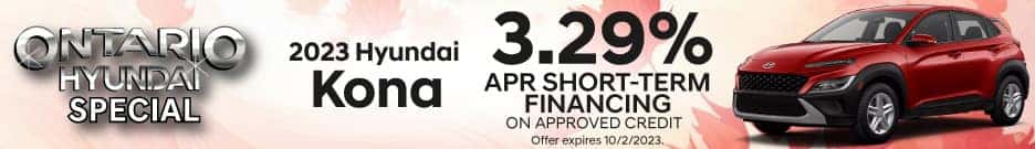 Get 3.29% APR short-term financing on a new 2023 Hyundai Kona. Offer expires 10/2/2023.