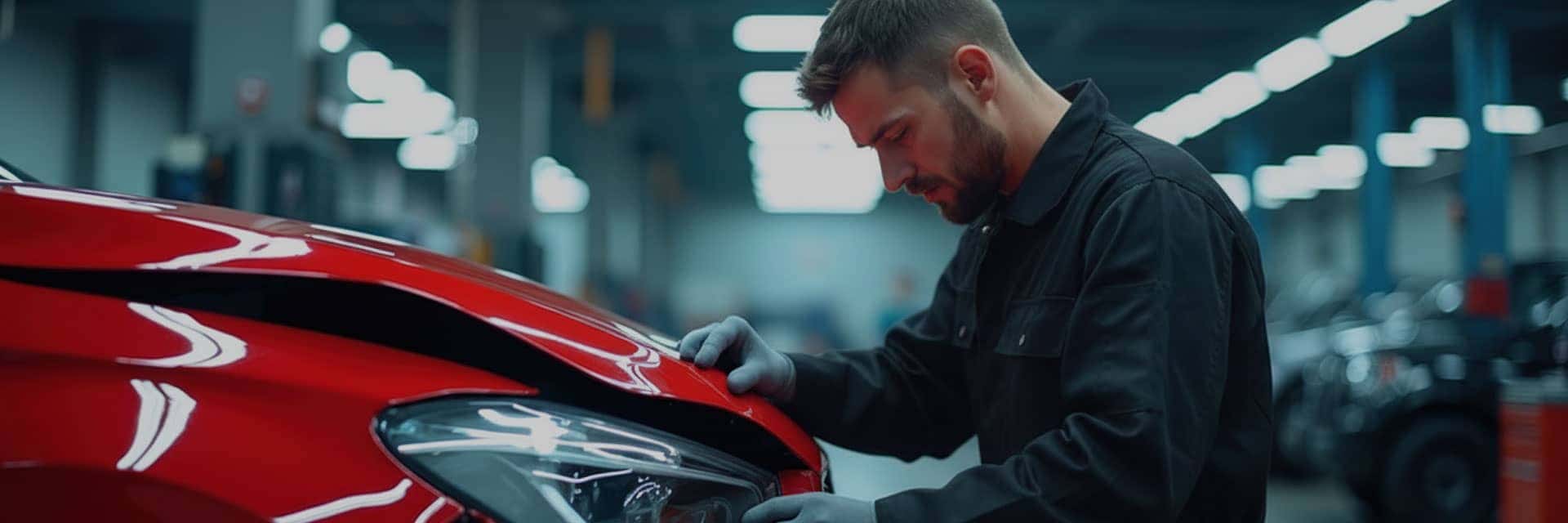 Mechanic looking at damaged hood of red car