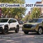 Hughes Subaru comparing the 2027 Crosstrek in white and 2027 Forester in lime green with Athens GA downtown background