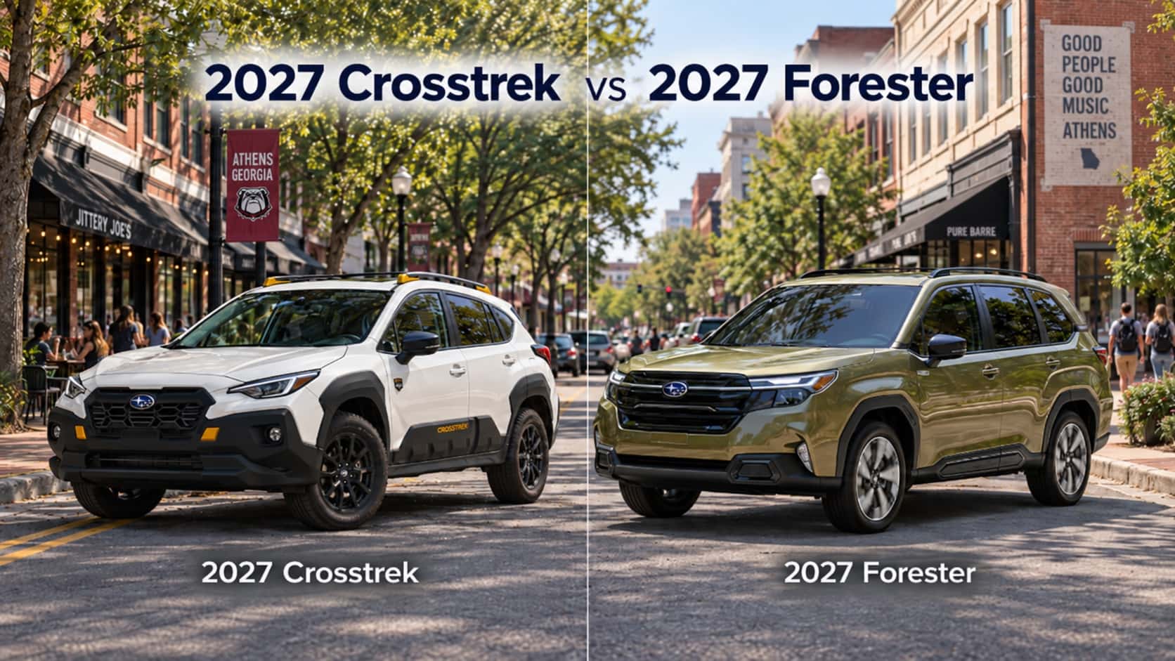 Hughes Subaru comparing the 2027 Crosstrek in white and 2027 Forester in lime green with Athens GA downtown background