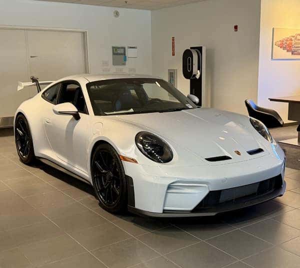 White Porsche 911 GT3 on display in the Porsche Greensboro showroom