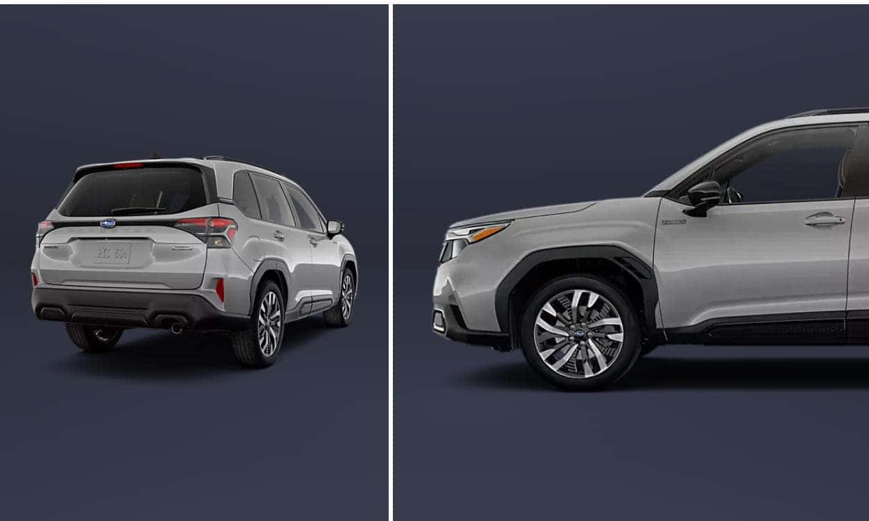 2026 Subaru Forester Hybrid on a dark gray background, showing rear three-quarter view on the left, and a side profile focusing on the front half on the right. Sleek and modern design.