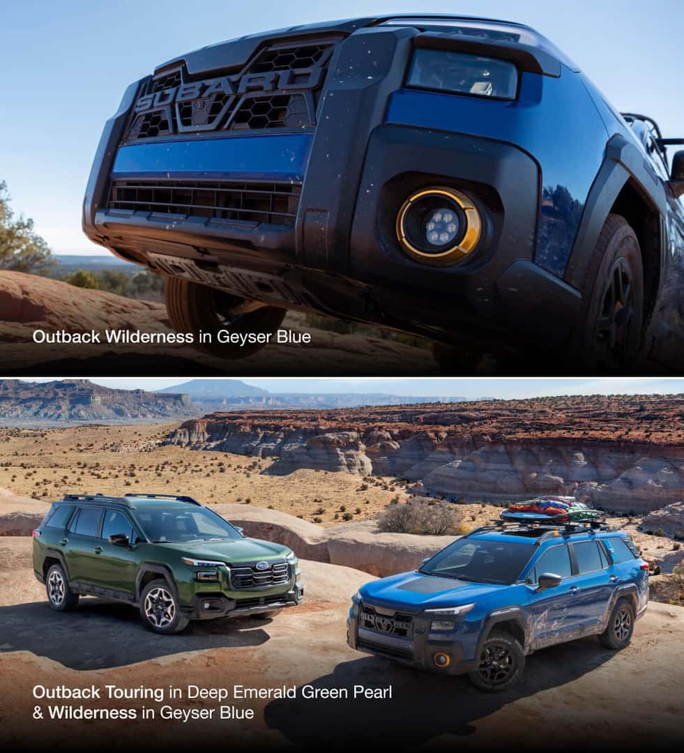 Top: Subaru Outback Wilderness in Geyser Blue engaging in light rock climbing / Bottom: Subaru Outback Touring in Dep Emerald Green Pearl and Outback Wilderness in Geyser Blue on cliffedge with the Grand Canyon in the background