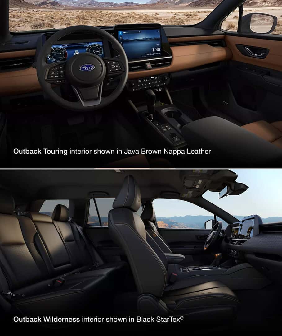 Top: Subaru Outback Touring Interior in Java Brown Nappa Leather / Bottom: Subaru Outback Wilderness interior in Black StarTrex