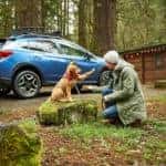 Blue Subaru vehicle with a dog and man