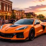 2026 Chevrolet Corvette Z06 coupe parked in downtown Rockingham NC at dusk during NitroFest 2026